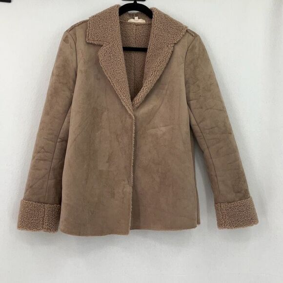 Solitaire Tan Long Sleeve Notch Lapel Faux Suede Sherpa Lined Coat Size Small - Picture 1 of 8